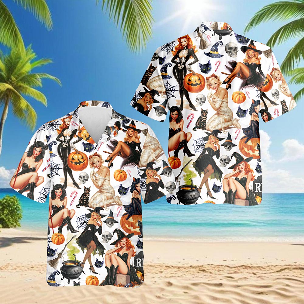 Netecom Pinup Girls Hawaiian Shirt, Pumpkin Skull Halloween Button Down Summer Beach Short Sleeve Shirts, S-5XL