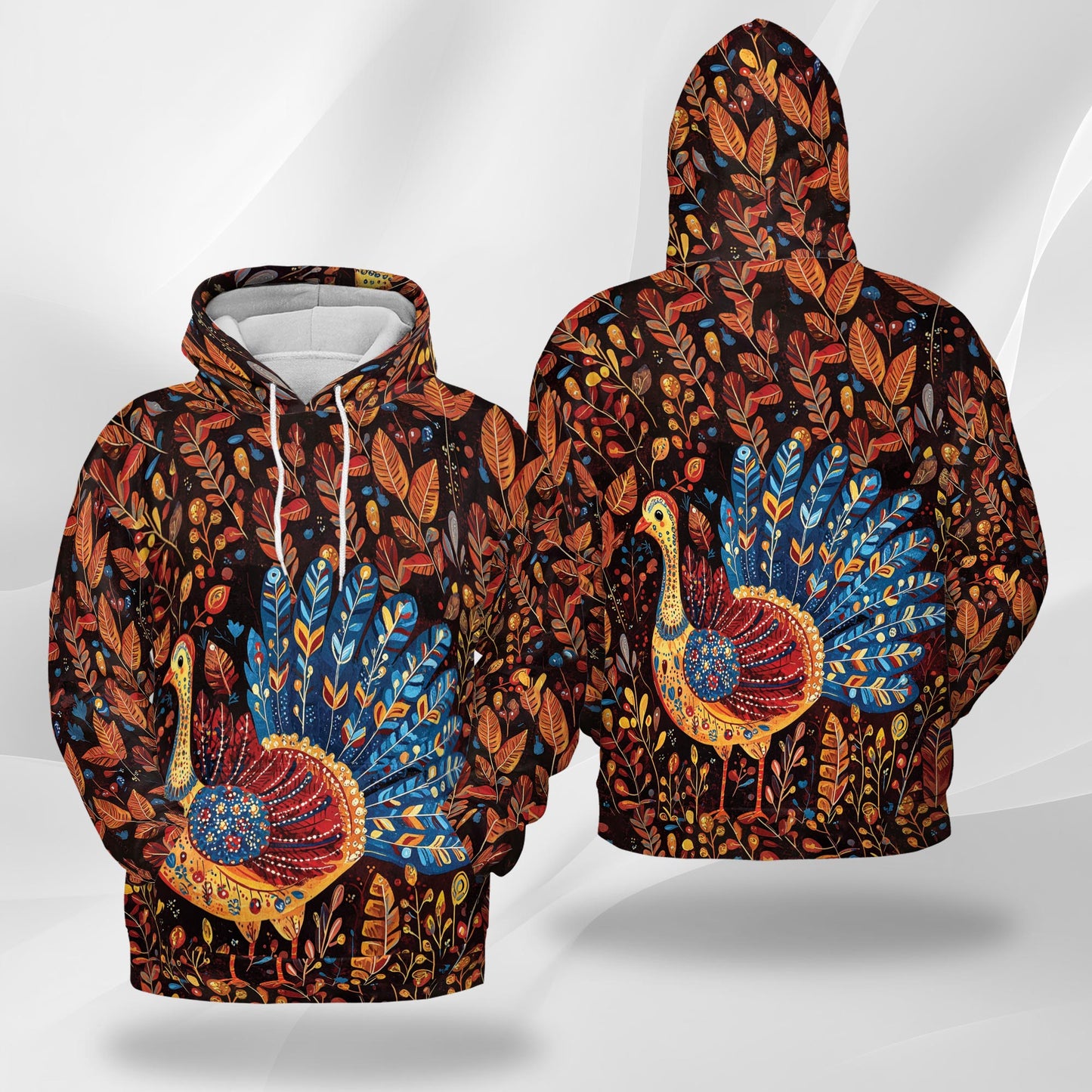 Netecom Folk Art Turkey Thanksgiving Print Hoodie with Front Pocket, All Over Graphic Sweatshirt Unisex Casual
