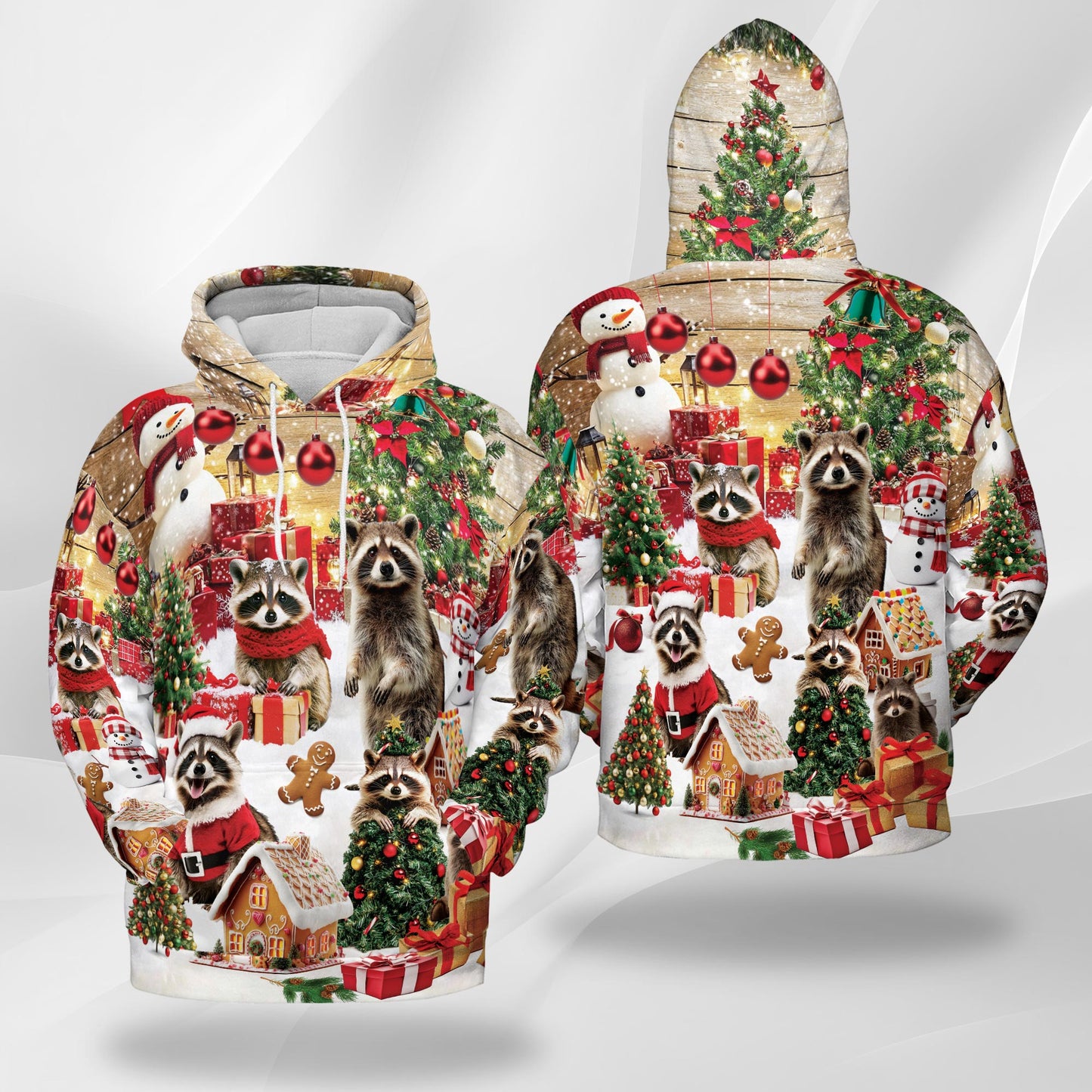 Netecom Christmas Raccoon Print Hoodie with Front Pocket, All Over Cute Animal Holiday Graphic Sweatshirt Unisex Casual