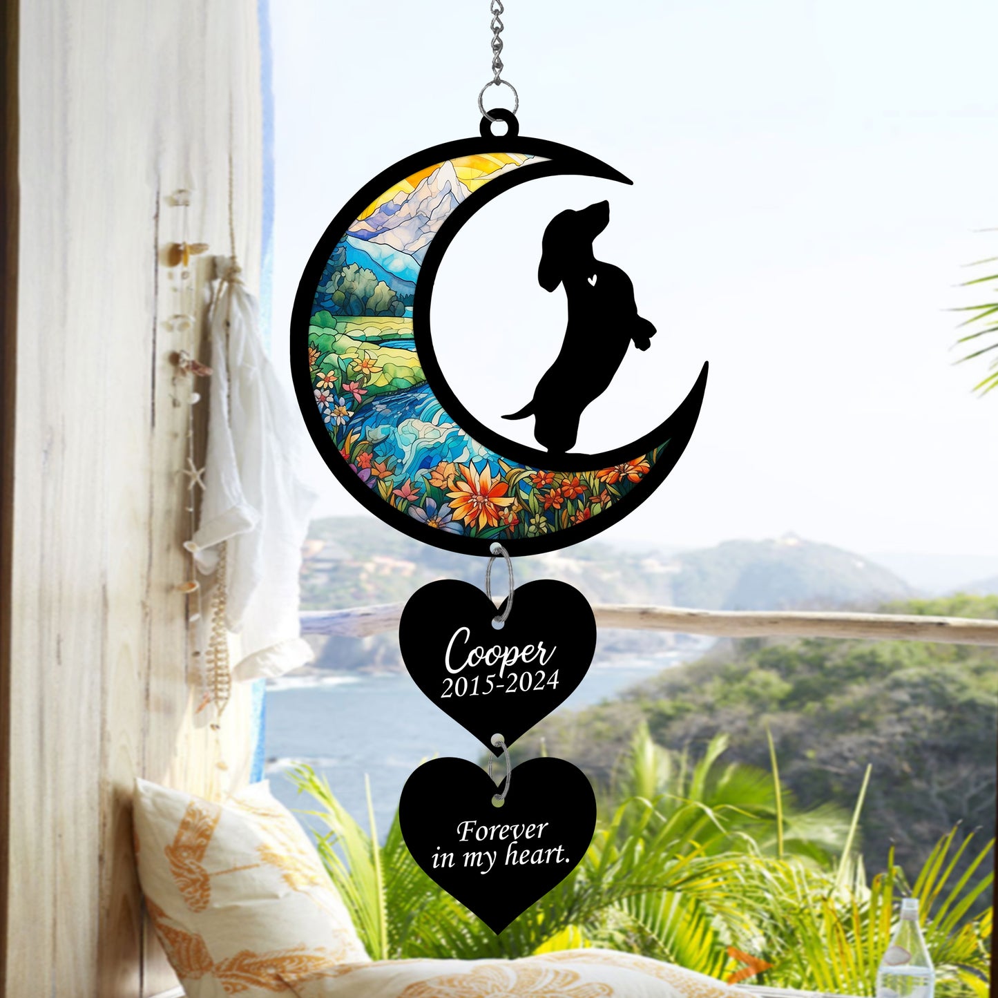 Netecom Personalized Dachshund Moon Heart Memorial Suncatcher – Dog Loss Sympathy Gift, Forever in My Heart Ornament