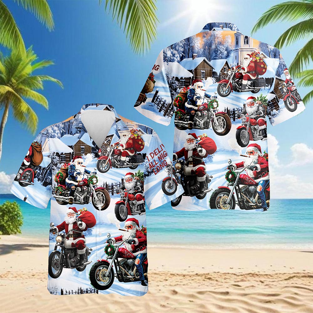 Netecom Santa Claus Motorcycle Christmas Hawaiian Shirt for Men Women, Winter Snow Button Down Summer Beach Shirts, S-5XL