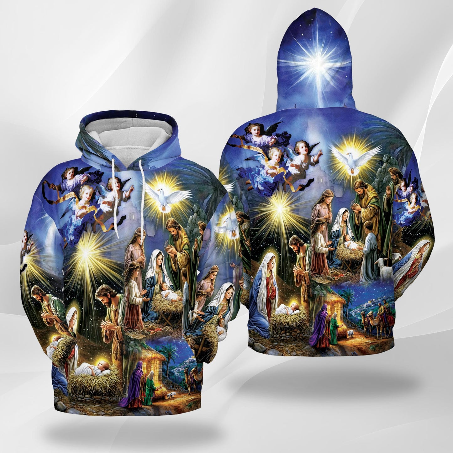 Netecom Nativity Scene Print Hoodie with Front Pocket, All Over Vintage Vintage Christmas Graphic Sweatshirt Unisex Casual