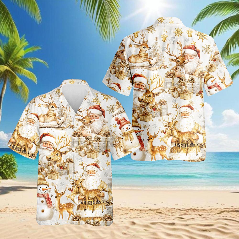Netecom Golden Santa Claus and Reindeer Christmas Hawaiian Shirt, Elegant Holiday Button Down Summer Beach Shirt, S-5XL