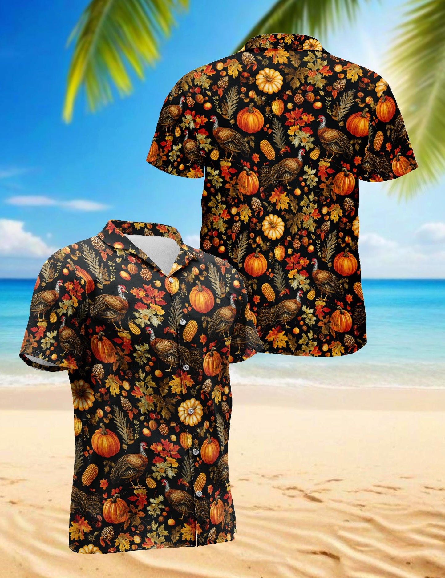 Netecom Happy Turkey Day Thanksgiving Hawaiian Shirt, Fall Leaves Pumkpin Button Down Summer Beach Shirts, S-5XL