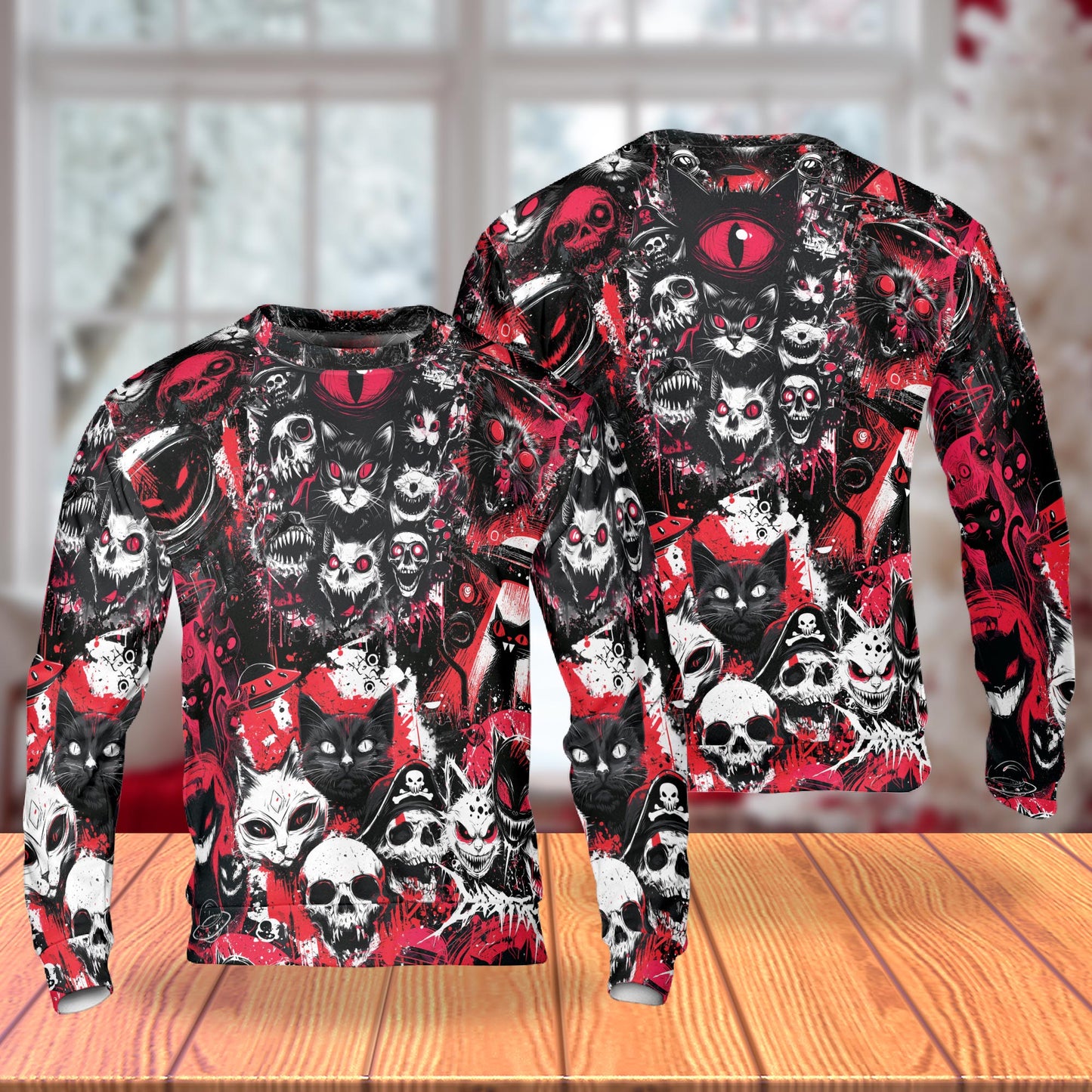 Netecom Creepy Cat Skull Horror Sweatshirt 3D All Over Print – Unisex Crewneck Pullover, Lightweight Fleece Casual Outfit