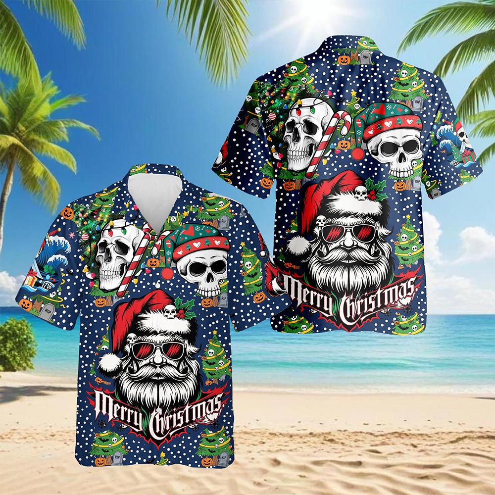 Netecom Santa Skull Christmas Hawaiian Shirt for Men Women, Gothic Skeleton Santa Button Down Summer Beach Shirts, S-5XL
