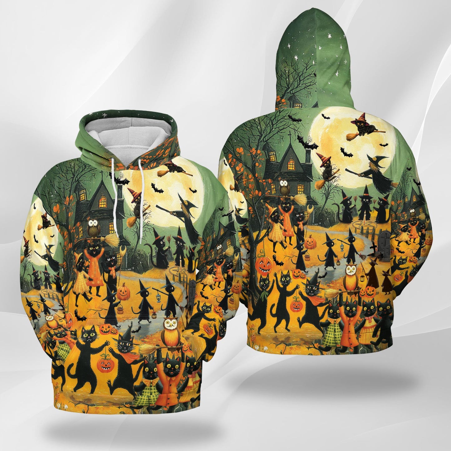 Netecom Black Cat Halloween 3D Print Hoodie with Front Pocket, All Over Graphic Animal Pumpkin Sweatshirt Unisex Casual