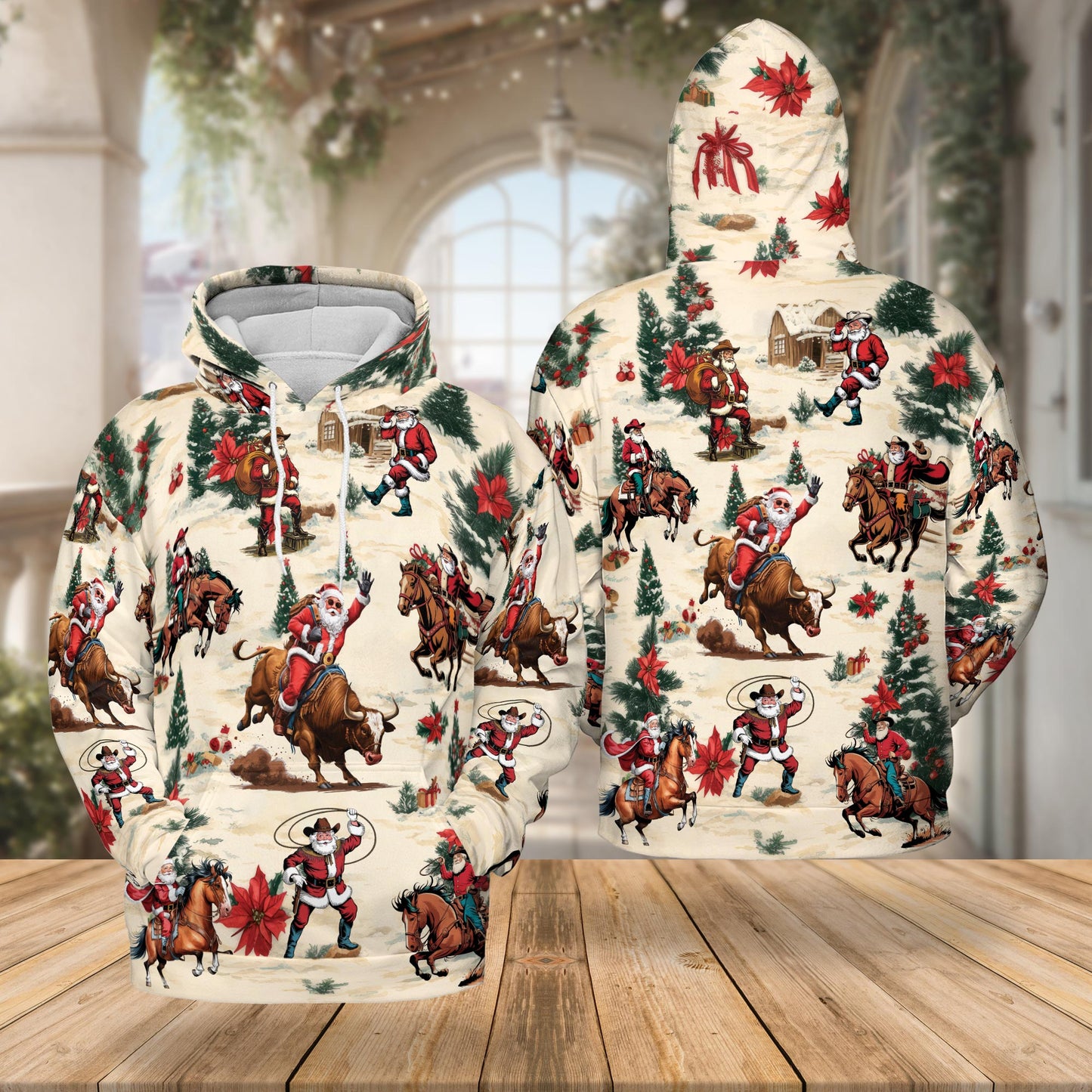 Netecom Cowboy Santa Claus 3D Hoodie with Front Pocket, Unisex Casual All Over Western Rodeo Graphic Sweatshirt