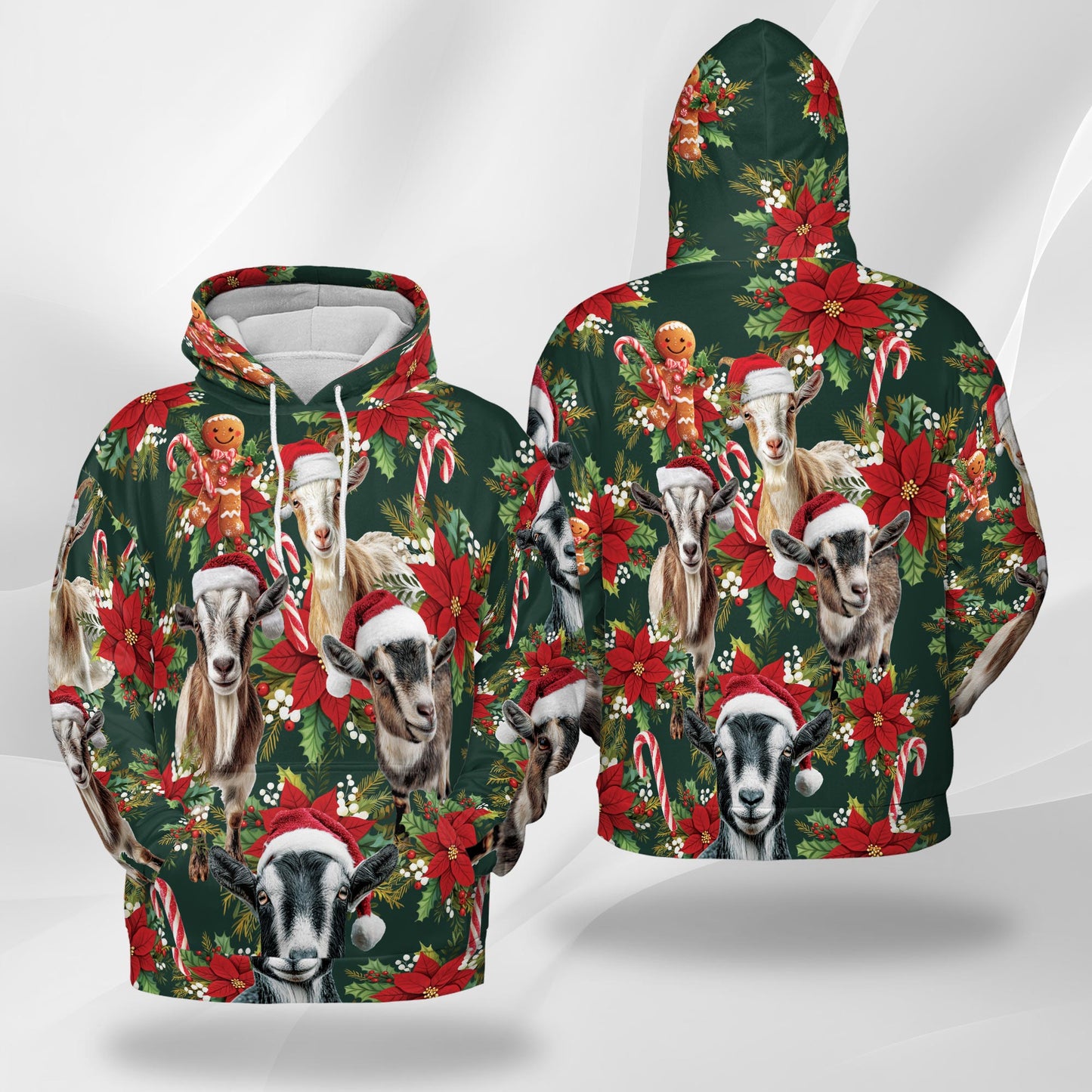 Netecom Funny Goat Christmas Print Hoodie with Front Pocket, All Over Farm Animal Holiday Graphic Sweatshirt Unisex Casual