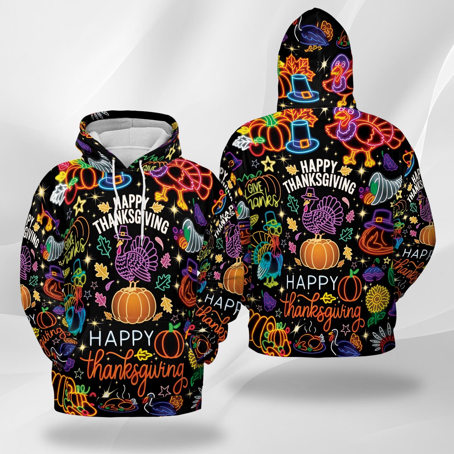 Netecom Neon Thanksgiving Print Hoodie with Front Pocket, All Over Happy Turkey Day Graphic Sweatshirt Unisex Casual