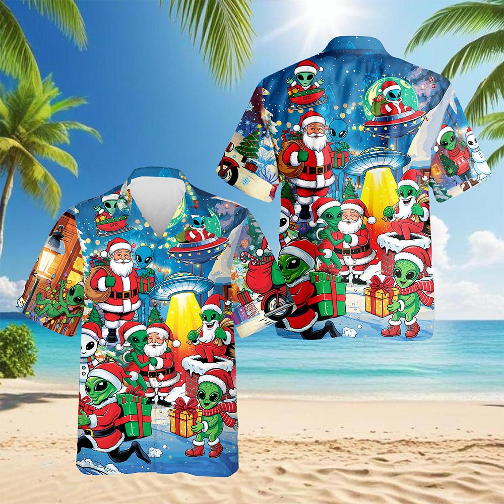Netecom Alien and Santa Claus Christmas Hawaiian Shirt for Men, Funny UFO Holiday Button Down Summer Beach Shirts, S-5XL