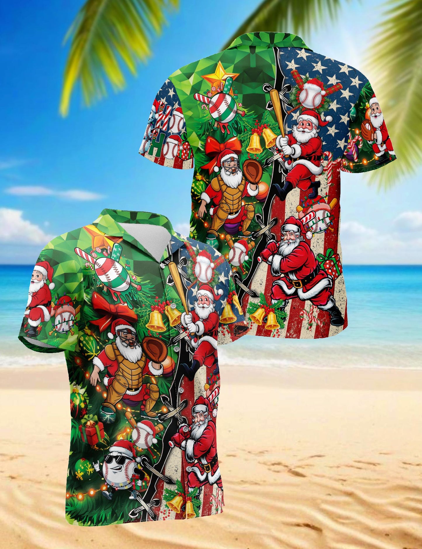 Netecom Baseball Santa USA Flag Christmas Hawaiian Shirt for Men, Funny Holiday Sport Button Down Summer Beach Shirt, S-5XL