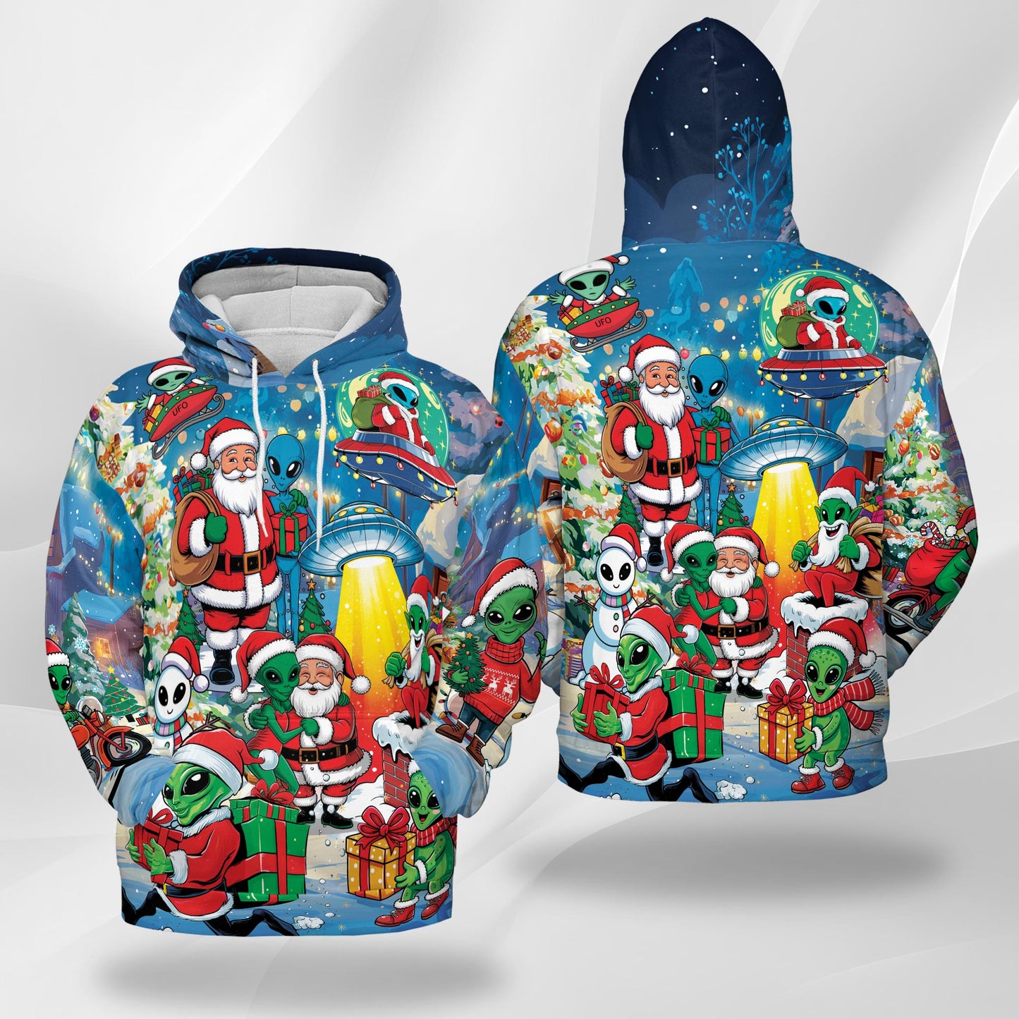 Netecom Alien and Santa Claus Christmas Print Hoodie with Front Pocket, All Over Funny UFO Graphic Sweatshirt Unisex Casual