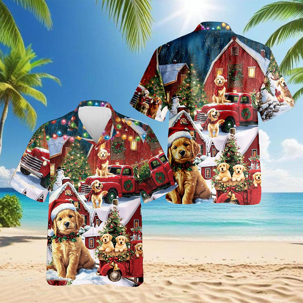 Netecom Golden Retriever Christmas Hawaiian Shirt for Men, Dog Lover Gift, Funny Animal Button Down Summer Beach Shirts, S-5XL