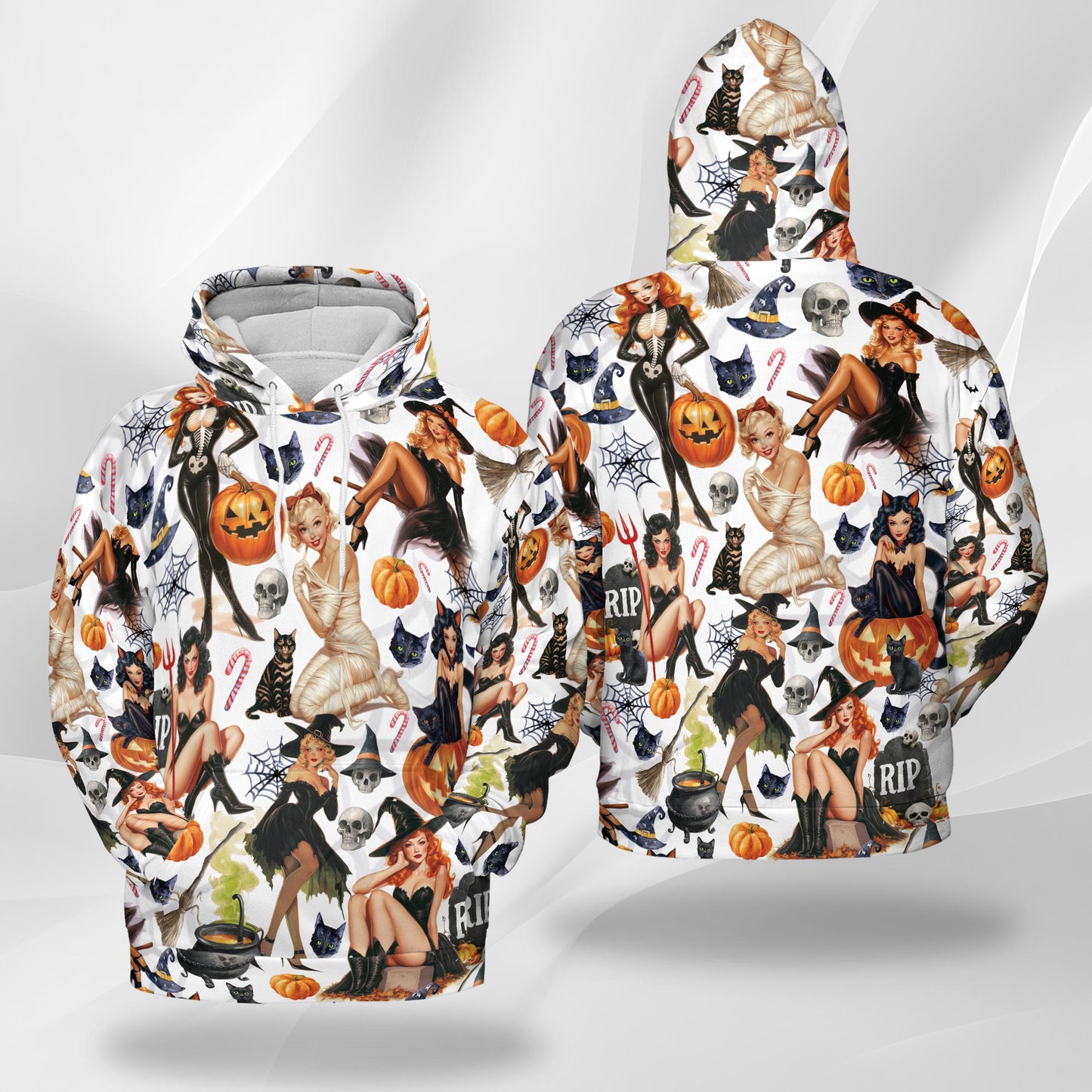 Netecom Pinup Girls Halloween 3D Print Hoodie with Front Pocket, All Over Graphic Pumpkin Skull Sweatshirt Unisex Casual