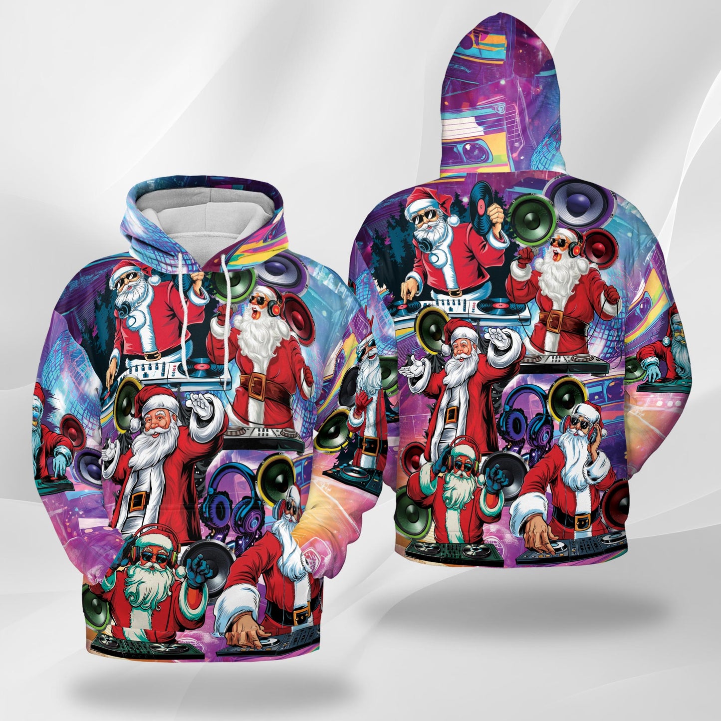 Netecom DJ Santa Claus Christmas Print Hoodie with Front Pocket, All Over Music Party Graphic Sweatshirt Unisex Casual