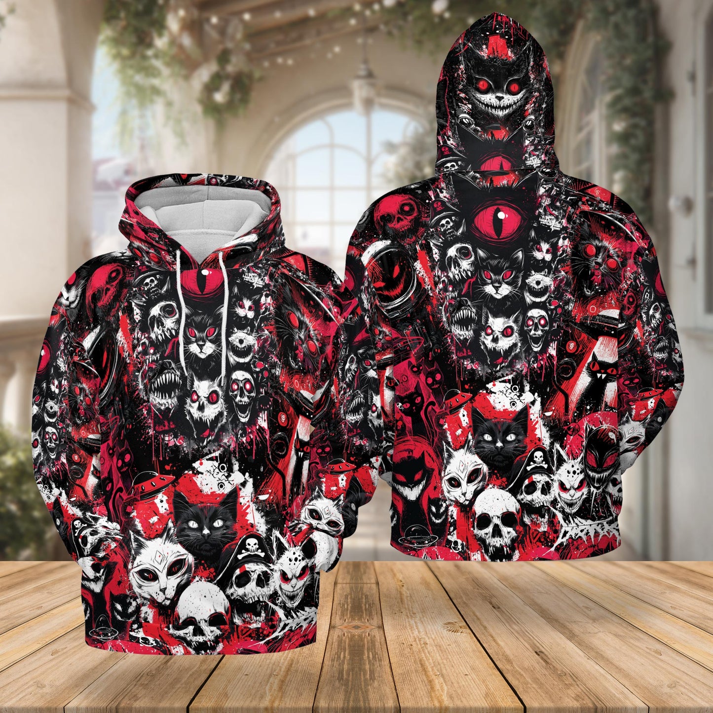 Netecom Black Cat UFO Alien Halloween 3D Hoodie with Front Pocket, Unisex Casual All Over Skull Graphic Sweatshirt