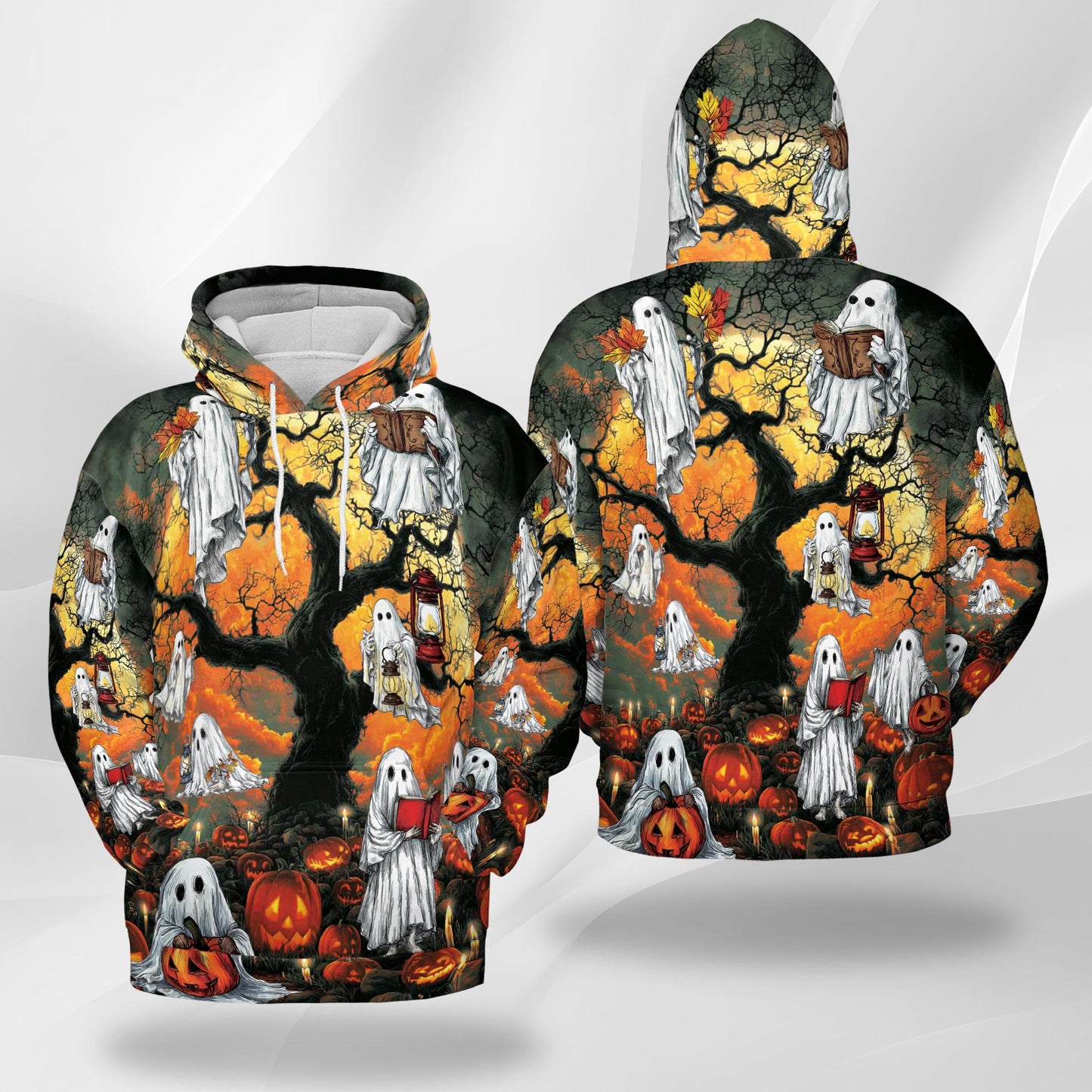 Netecom Ghost Halloween Print Hoodie with Front Pocket, All Over Pumpkins Graphic Sweatshirt Unisex Casual