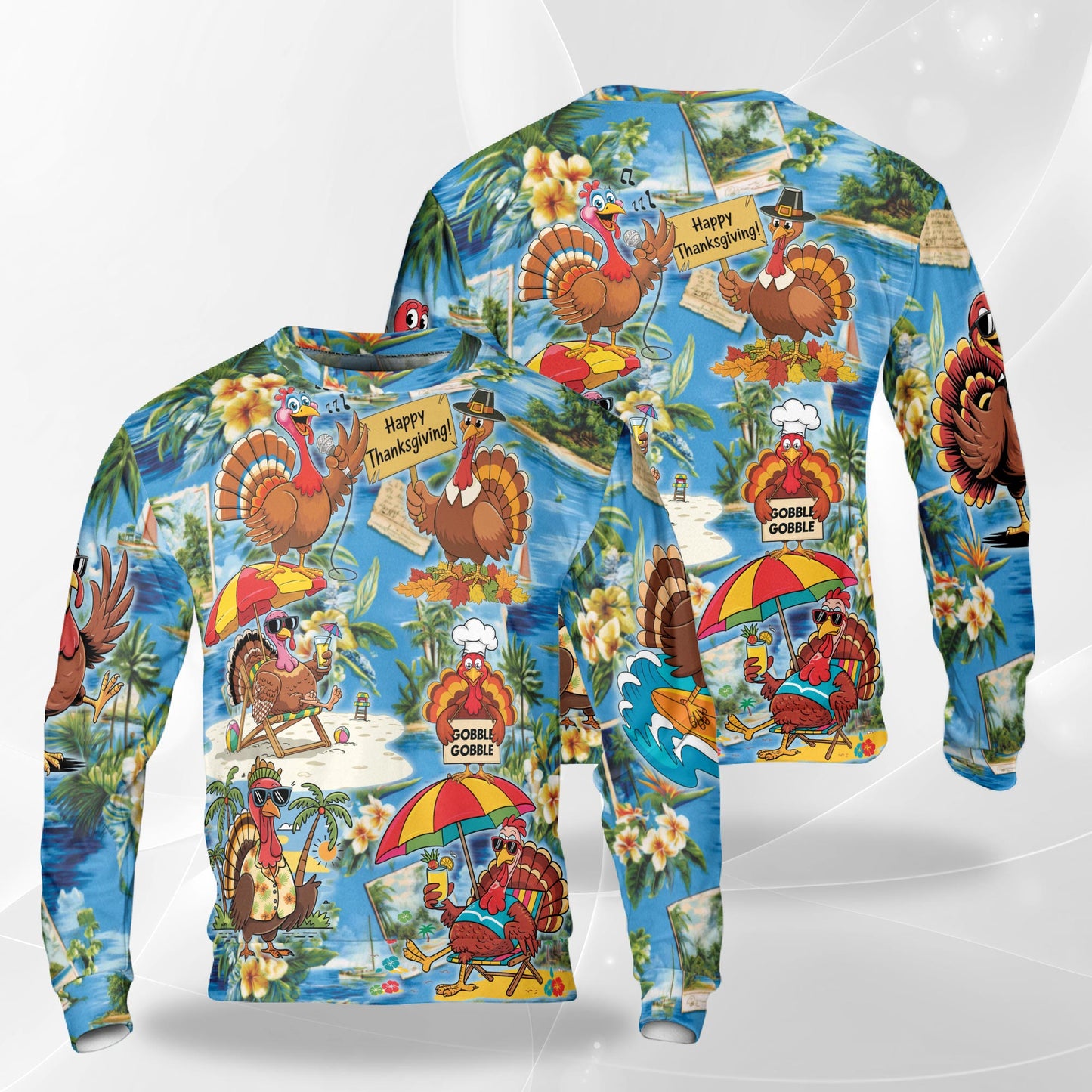 Netecom Thanksgiving Turkey Sweatshirt 3D All Over Print, Funny Hawaiian Beach Design, Crewneck Pullover for Costume Party