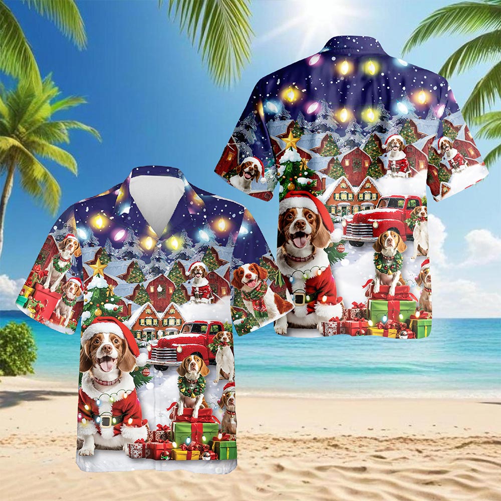 Netecom Brittany Spaniel Christmas Hawaiian Shirt for Men, Festive Dog Holiday Print Button Down Summer Beach Shirt, S-5XL