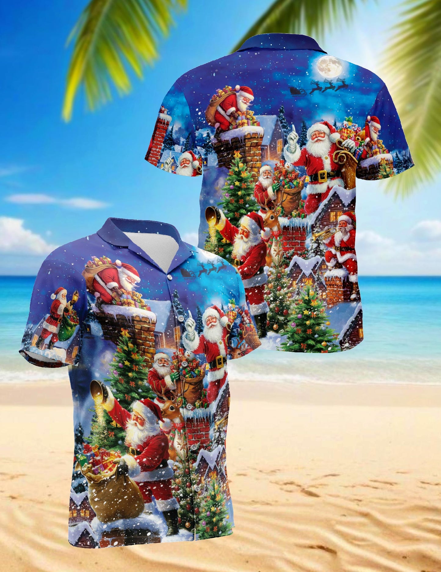 Netecom Christmas Rooftop Santa Claus Hawaiian Shirt, Holiday Chimney Night Scene Button Down Summer Beach Shirt, S-5XL