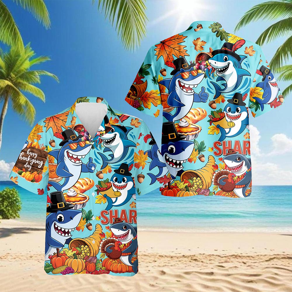 Netecom Shark Thanksgiving Hawaiian Shirt for Men, Happy Turkey Day Button Down Summer Beach Short Sleeve Shirts, S-5XL