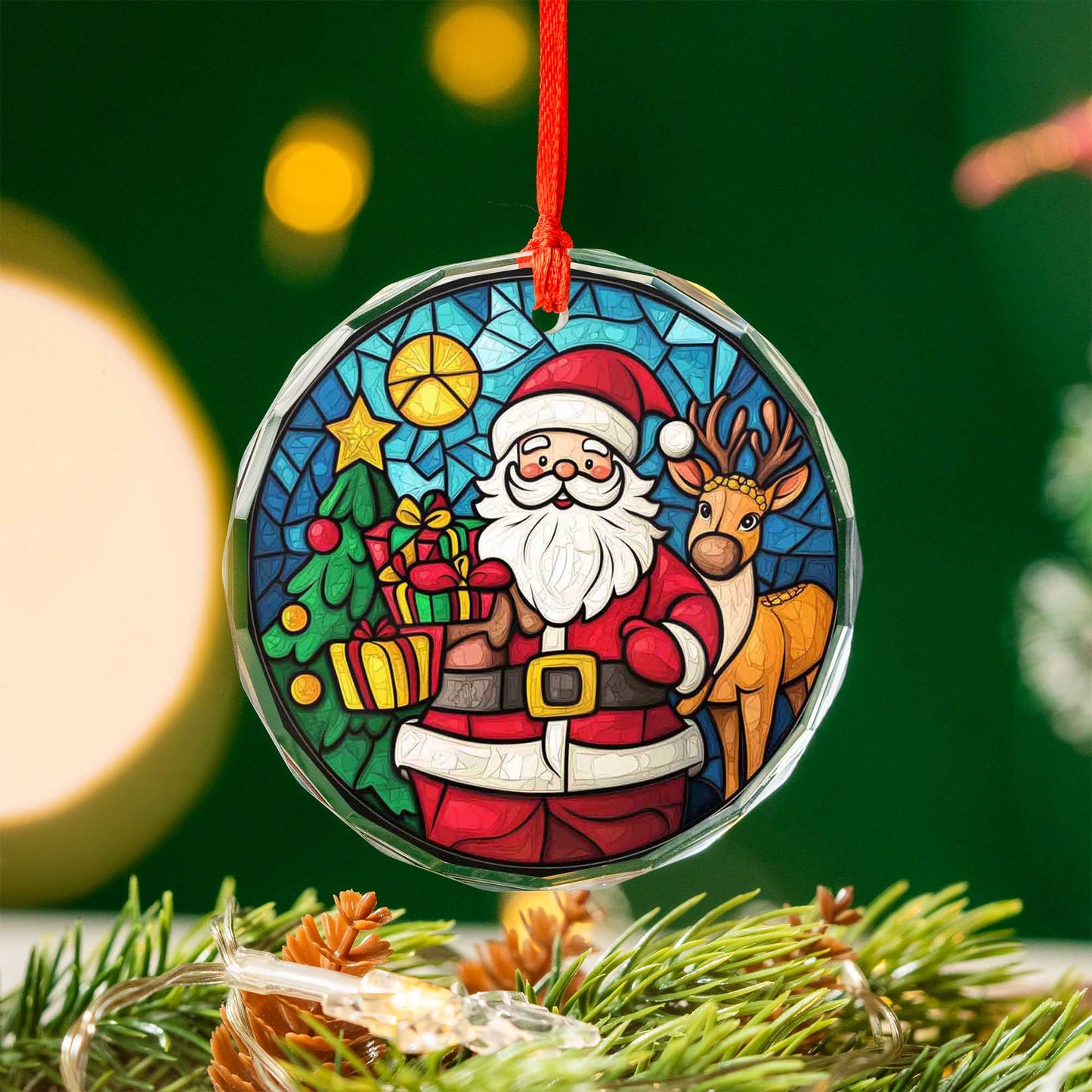 Netecom Santa Claus & Reindeer Glass Ornament – Stained Glass Christmas Tree Decoration, Holiday Keepsake, 3 in