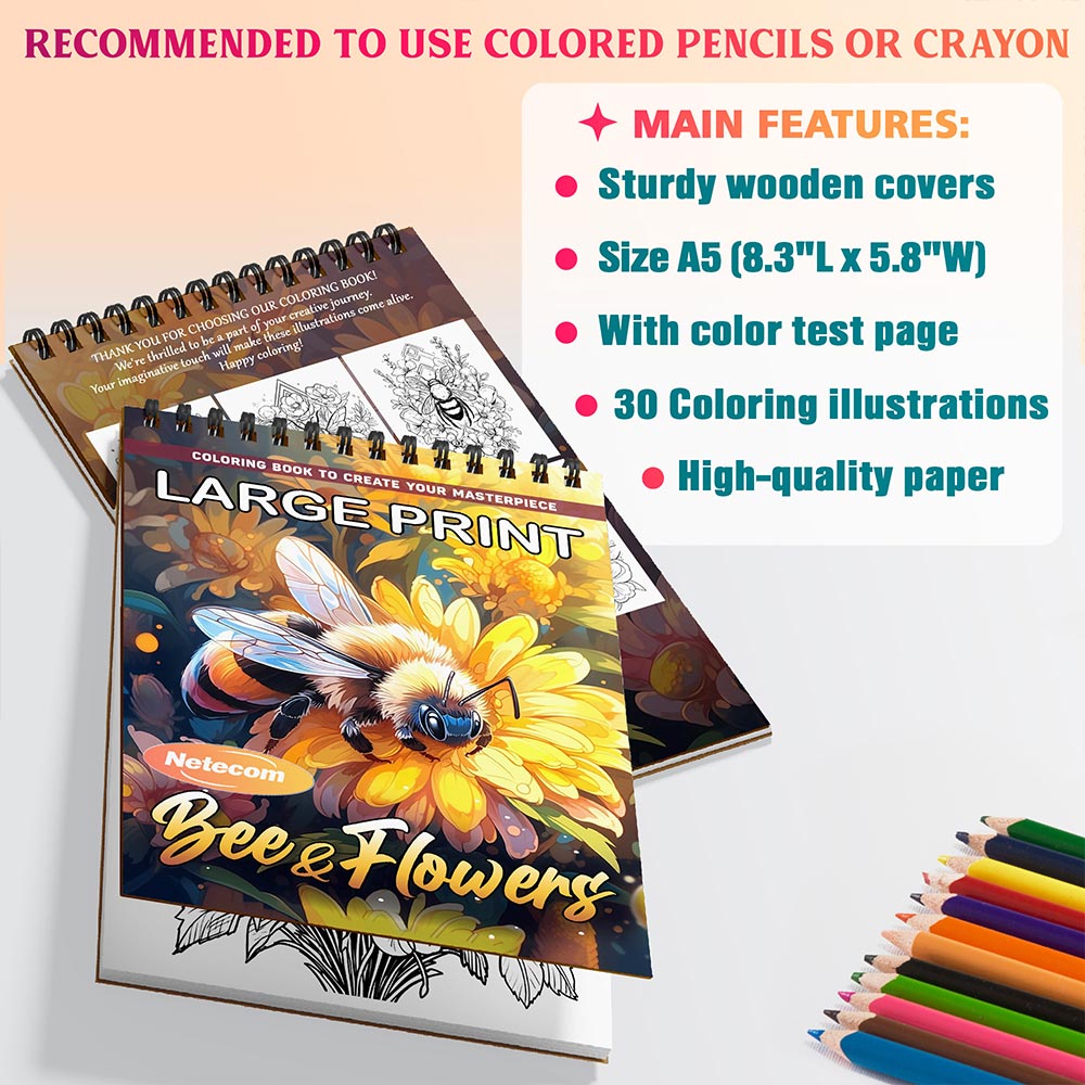 Netecom Large Print Bee and Flowers Coloring Sheets For Adults