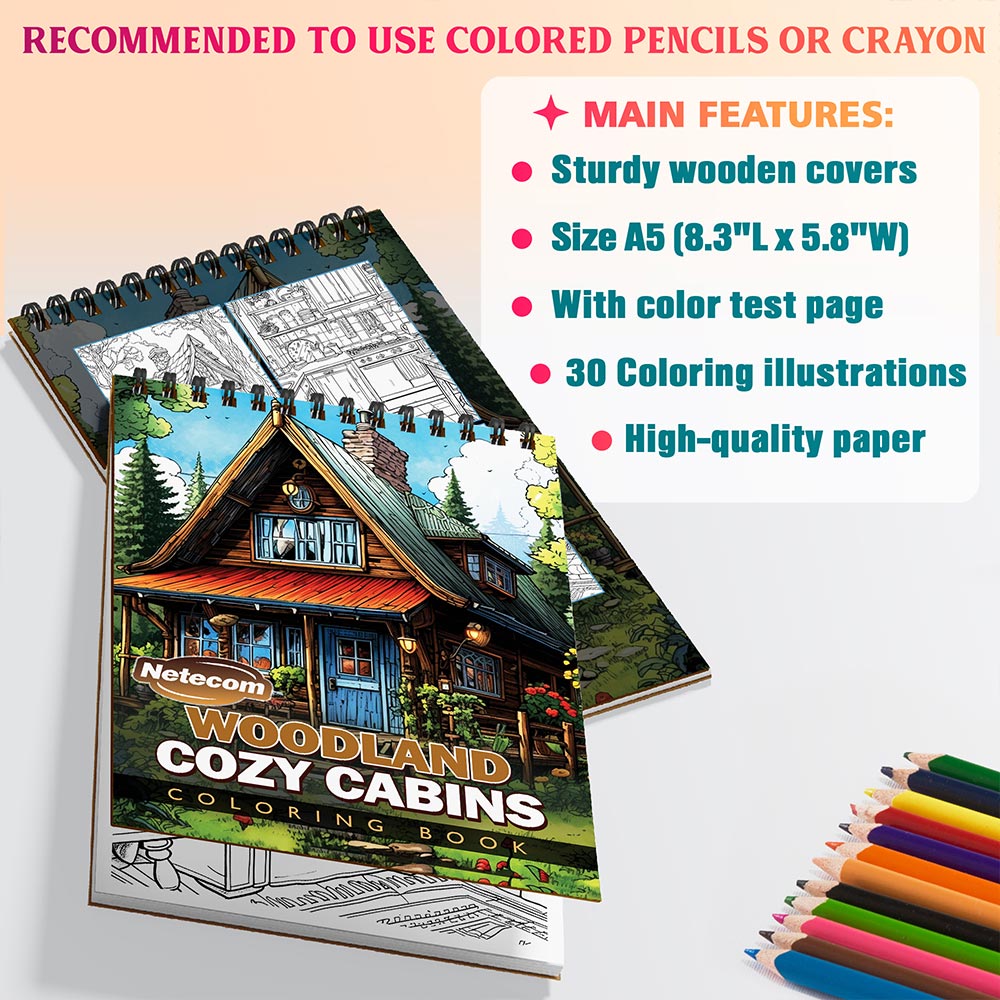 Netecom Woodland Cozy Cabins Coloring Sheets For Adults
