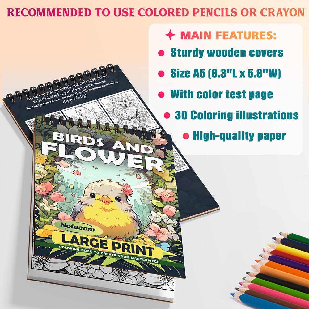 Netecom Large Print Birds And Flower Coloring Sheets For Adults