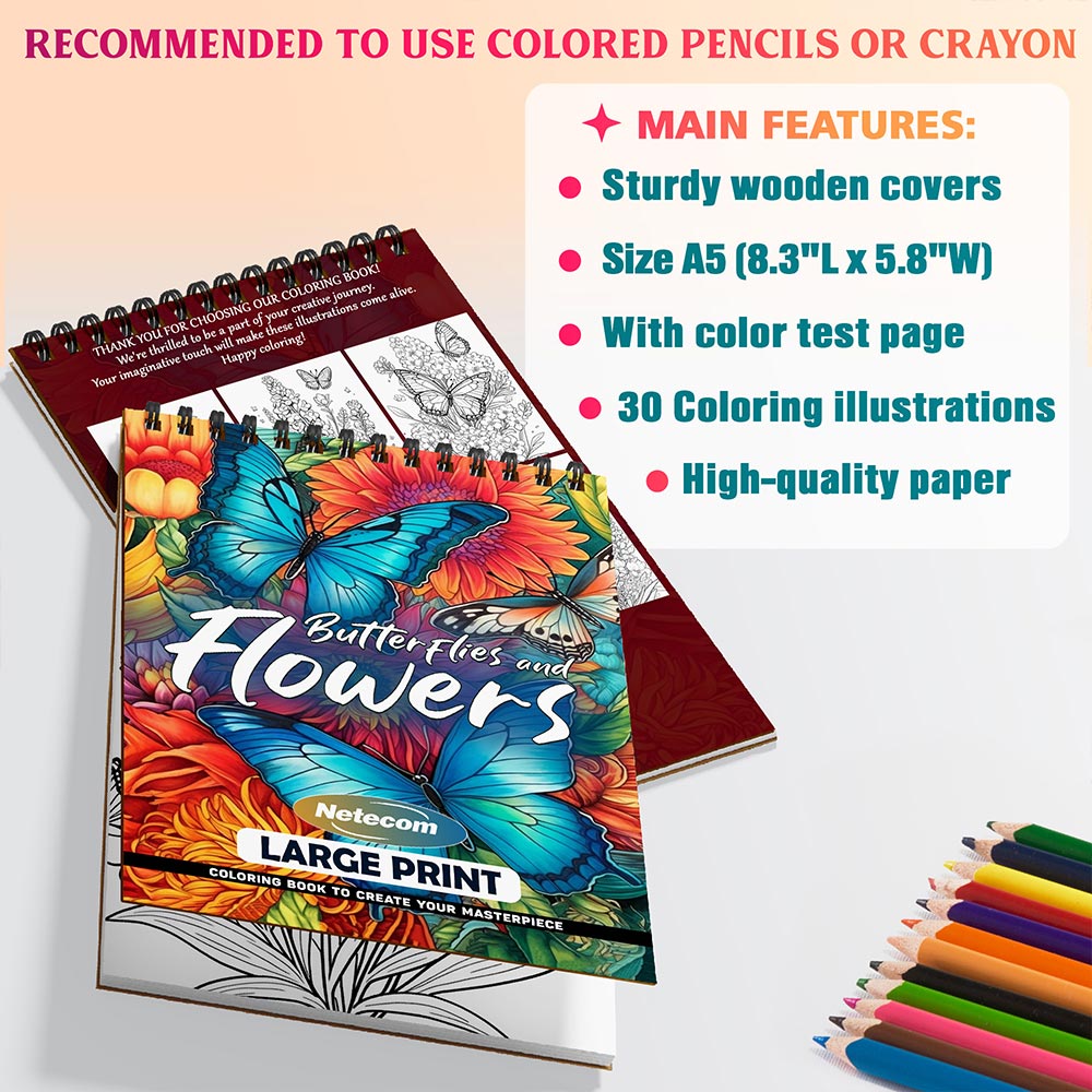 Netecom Large Print Butterflies and Flowers Coloring Sheets For Adults