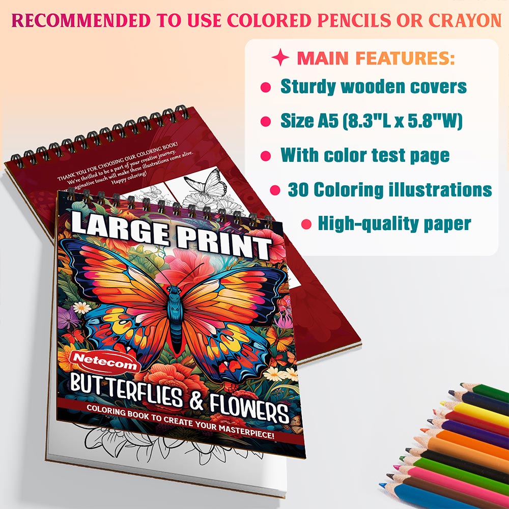 Netecom Large Print Butterflies and Flowers Coloring Sheets For Adults