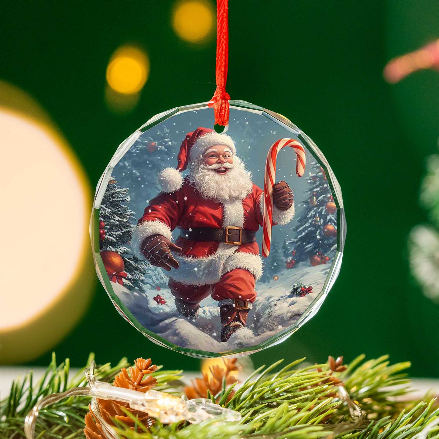 Netecom Santa Claus Glass Ornament – Christmas Tree Decoration with Candy Cane, Perfect Holiday Keepsake, 3 in
