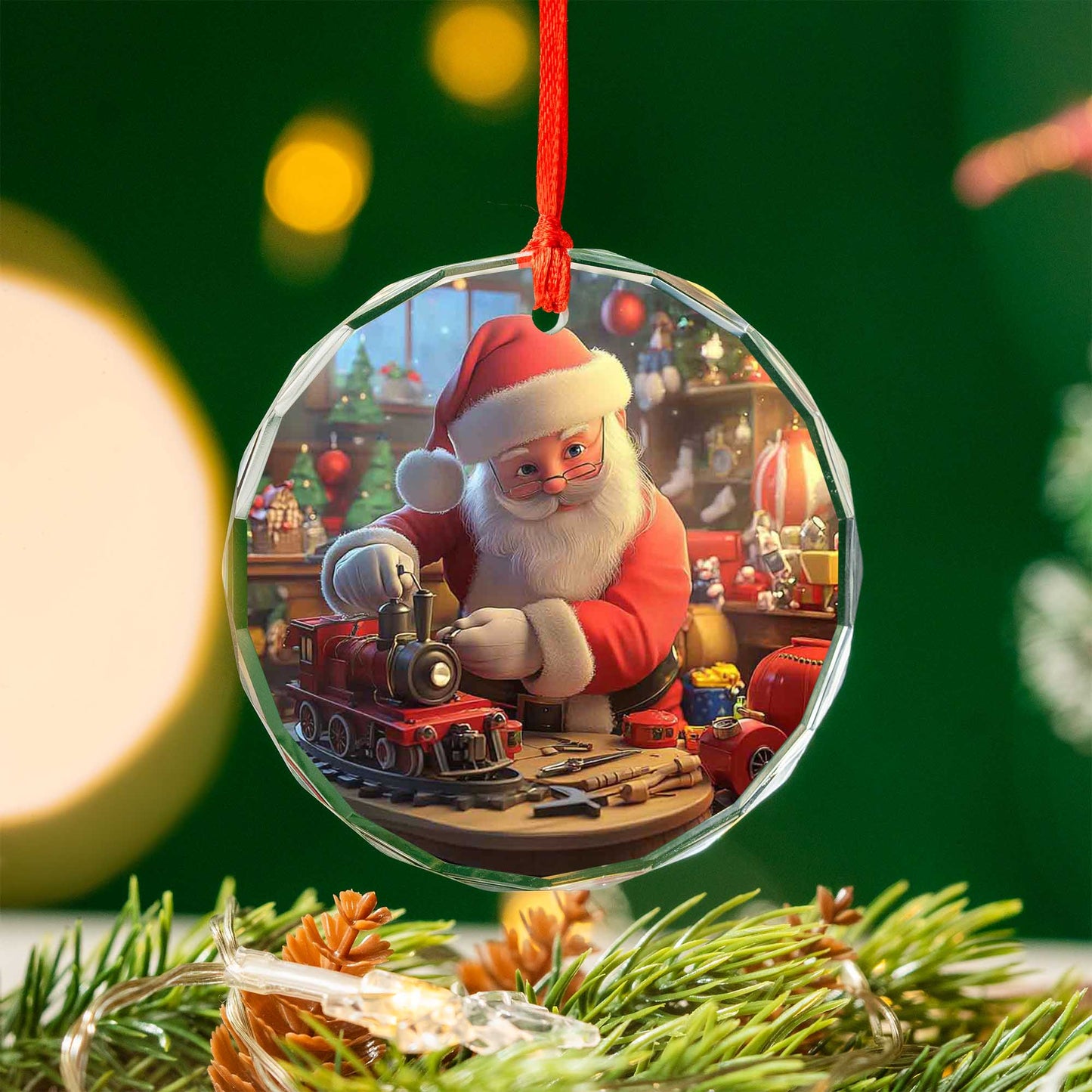 Netecom Santa Claus Glass Ornament – Christmas Tree Decoration with Santa Making Toys, Holiday Keepsake, 3 in