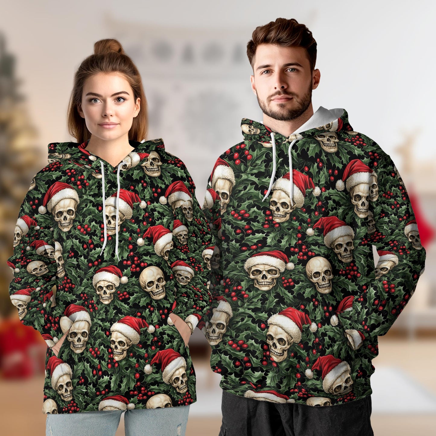 Netecom Skull Santa Hat Christmas Print Hoodie with Front Pocket, All Over Gothic Graphic Sweatshirt Unisex Casual