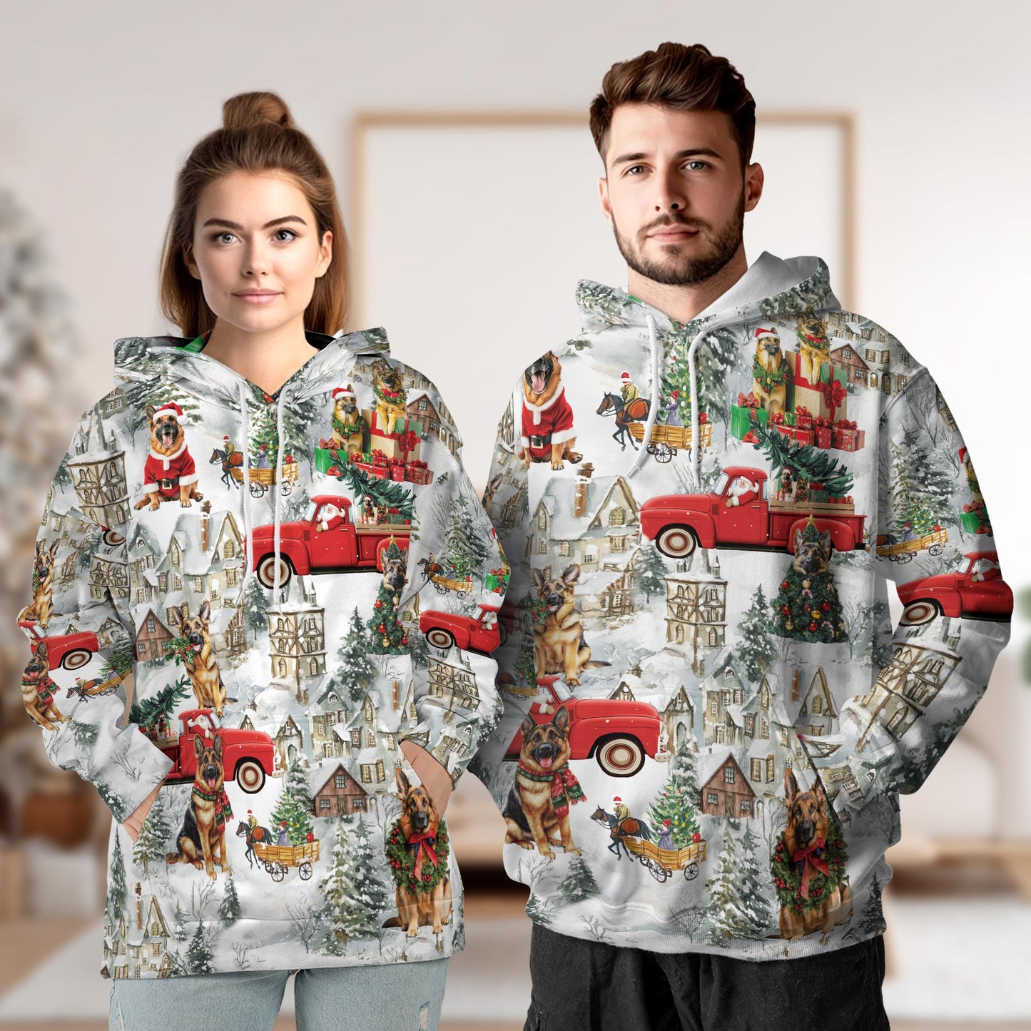 Netecom German Shepherd Christmas 3D Hoodie with Front Pocket, Unisex Casual All Over Dog Lover Graphic Sweatshirt