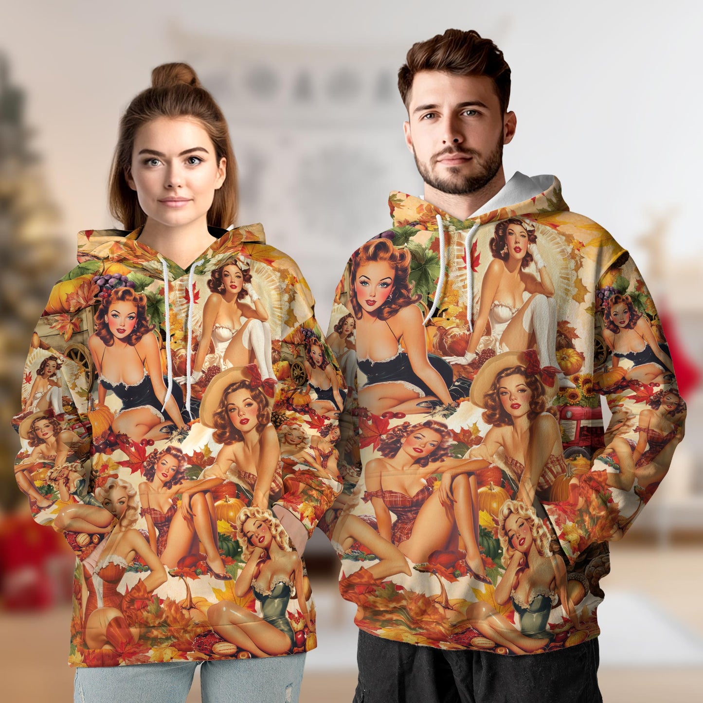Netecom Fall Pin Up Girl Print Hoodie with Front Pocket, All Over Vintage Autumn Babe Graphic Sweatshirt Unisex Casual