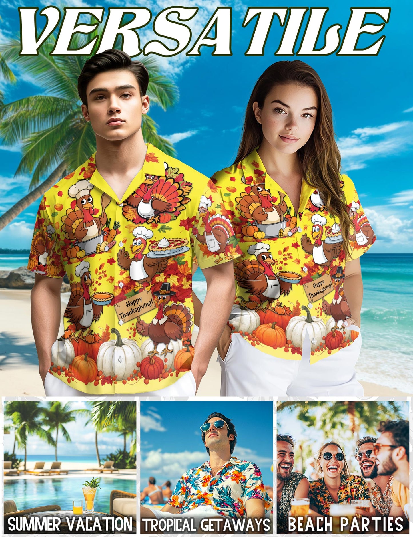 Netecom Happy Thanksgiving Hawaiian for Men Women, Fall Leaves Pumkpin Button Down Summer Beach Shirts, S-5XL