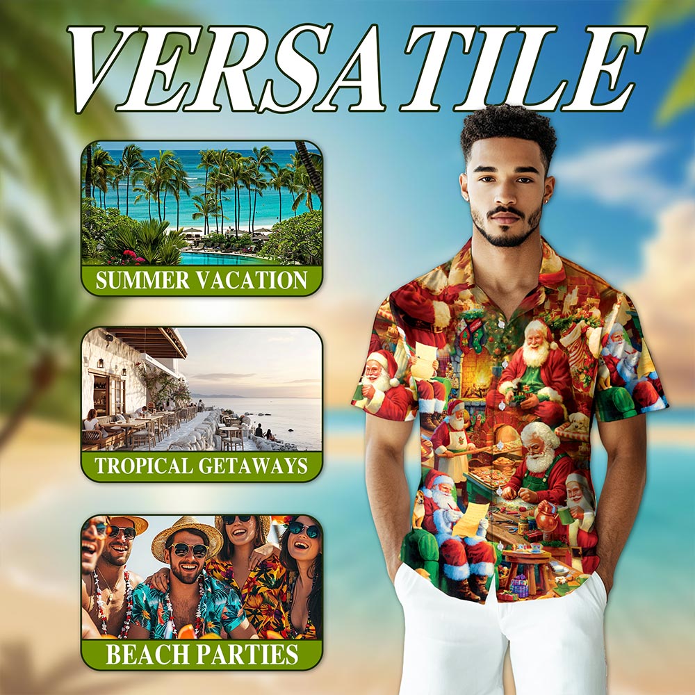 Netecom Santa Claus Workshop Christmas Hawaiian Shirt for Men, Festive Holiday Factory Button Down Summer Beach Shirt, S-5XL
