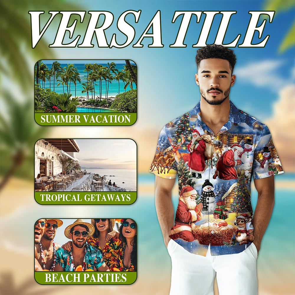 Netecom Christmas Nativity Hawaiian Shirt, Santa Claus Jesus Holiday Button Down Summer Beach Short Sleeve Shirts, S-5XL