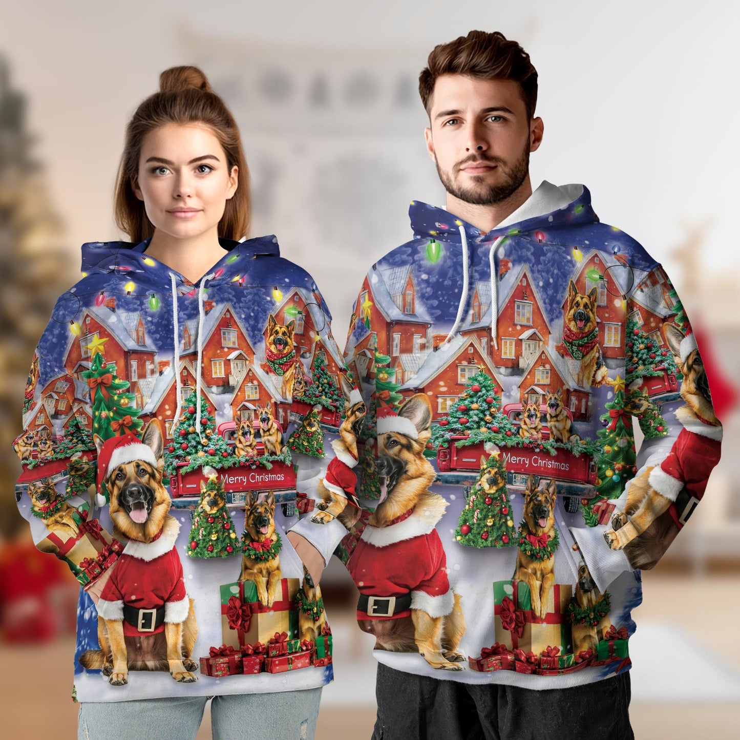 Netecom German Shepherd Christmas Print Hoodie with Front Pocket, All Over Festive Dog Graphic Sweatshirt Unisex Casual