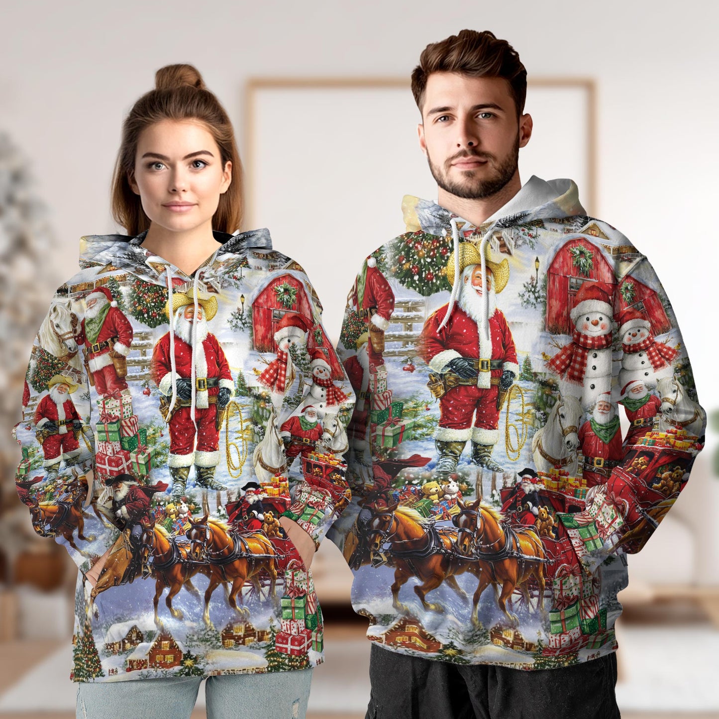 Netecom Cowboy Santa Christmas 3D Hoodie with Front Pocket, Unisex Casual All Over Vintage Holiday Graphic Sweatshirt