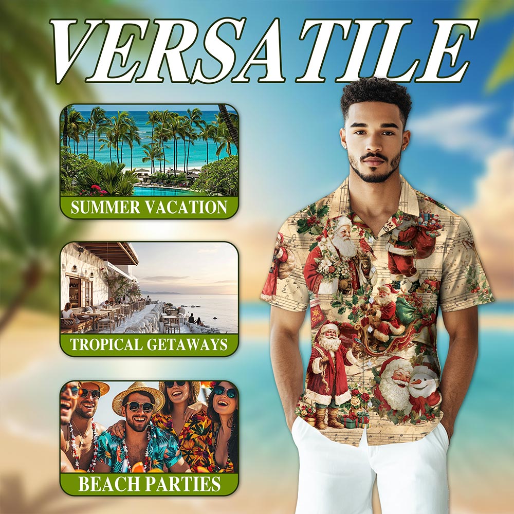Netecom Vintage Santa Claus Christmas Hawaiian Shirt, Musical Holiday Button Down Summer Beach Short Sleeve Shirt, S-5XL