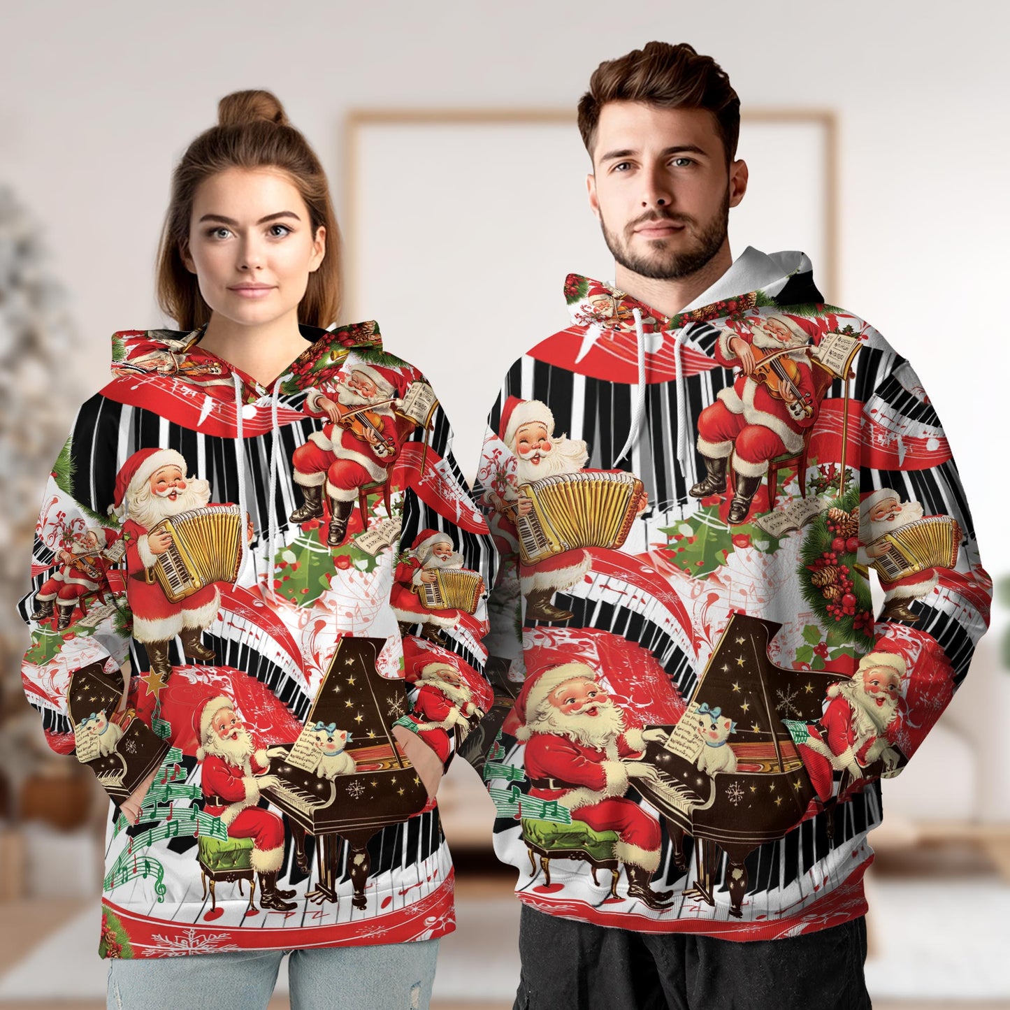 Netecom Santa Claus Playing Musical Christmas 3D Hoodie with Front Pocket, Unisex Casual All Over Graphic Sweatshirt