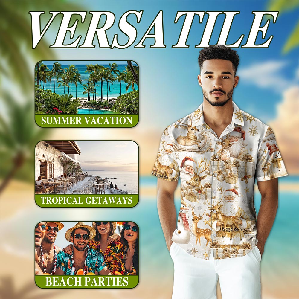Netecom Golden Santa Claus and Reindeer Christmas Hawaiian Shirt, Elegant Holiday Button Down Summer Beach Shirt, S-5XL