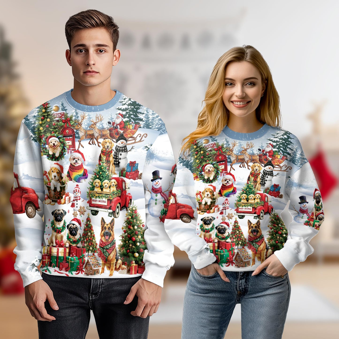 Netecom Funny Christmas Dogs in Snow Sweatshirt 3D All Over Print, Puppy Lover Gifts, Crewneck Pullover for Costume Party