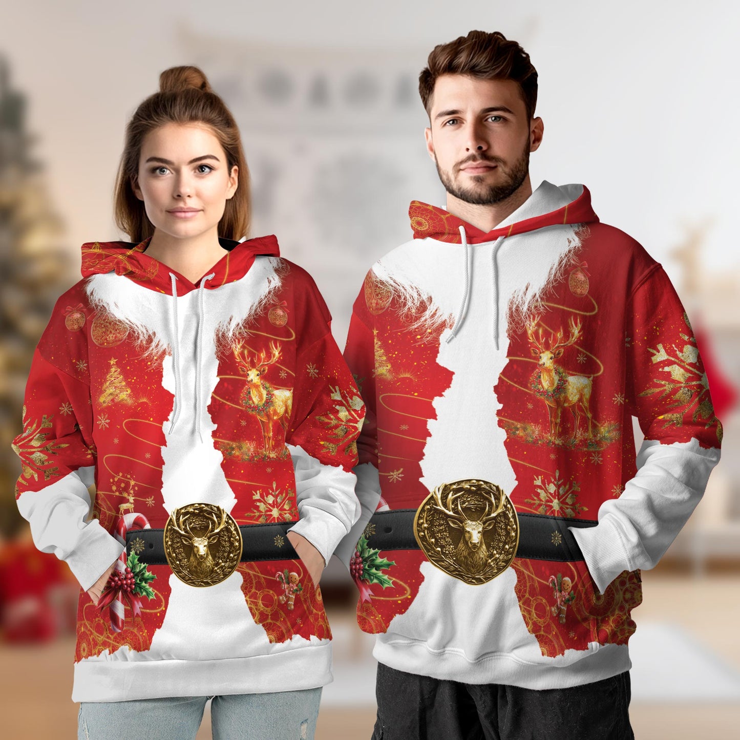 Netecom Santa Costume Christmas Print Hoodie with Front Pocket, All Over Graphic Santa Claus Sweatshirt Unisex Casual