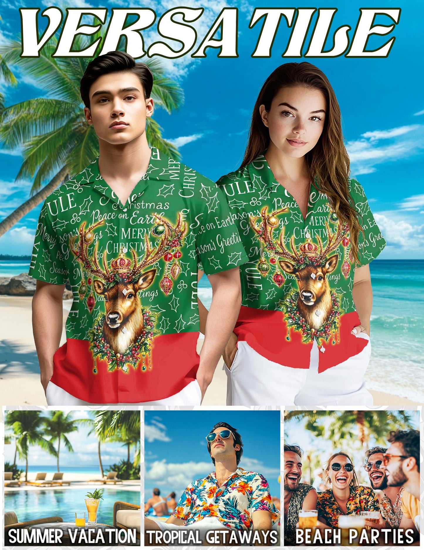 Netecom Reindeer Christmas Hawaiian Shirt for Men Women, Funny Holiday Button Down Summer Beach Short Sleeve Shirts, S-5XL