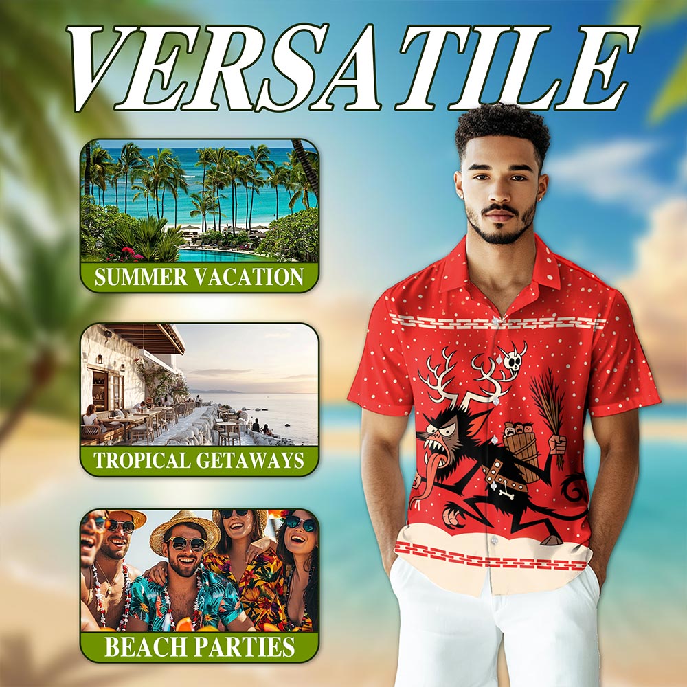 Netecom Krampus Christmas Hawaiian Shirt for Men Women, Demon Santa Print Button Down Summer Beach Short Sleeve Shirts, S-5XL