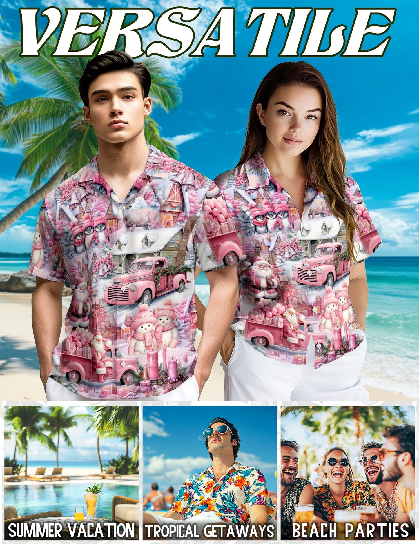 Netecom Pink Christmas Santa Claus Hawaiian Shirt for Men, Cute Holiday Village Print Button Down Summer Beach Shirt, S-5XL
